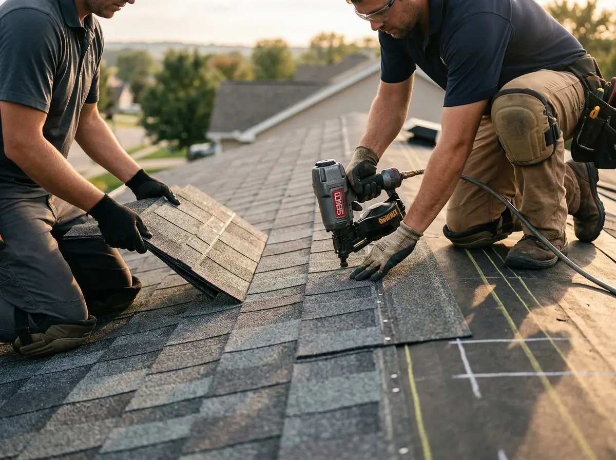 Professional roofer working on a residential roof in Handy